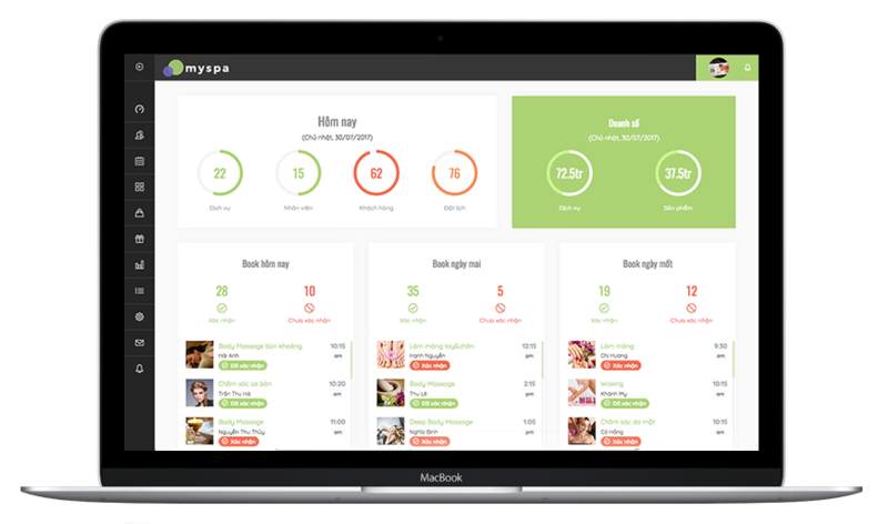 Giao diện quản lý lịch hẹn và chăm sóc khách hàng trên Myspa