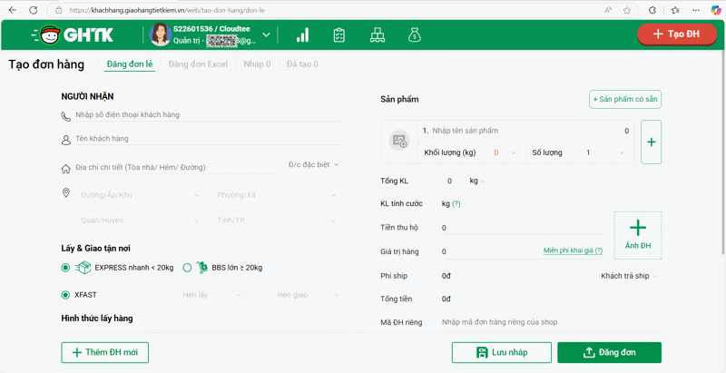 Chủ shop có thể tạo đơn trực tiếp trên Website của GHTK