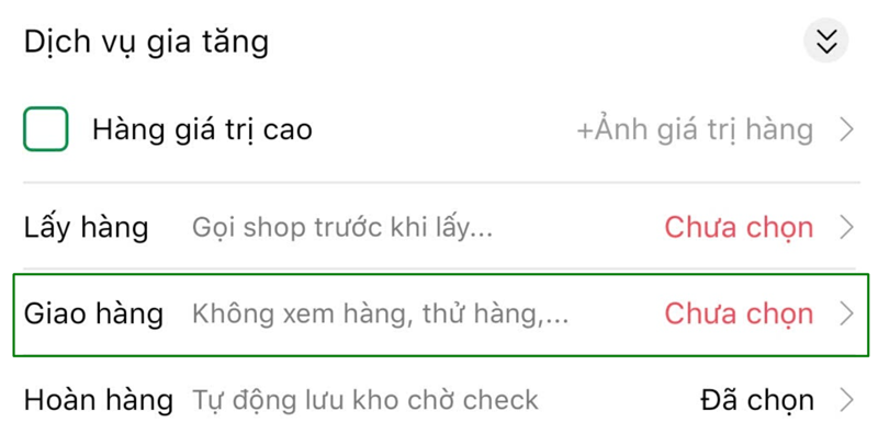 Bước 2: Trong mục “Tạo đơn”, bấm chọn “Giao hàng” ở thanh Dịch vụ gia tăng.