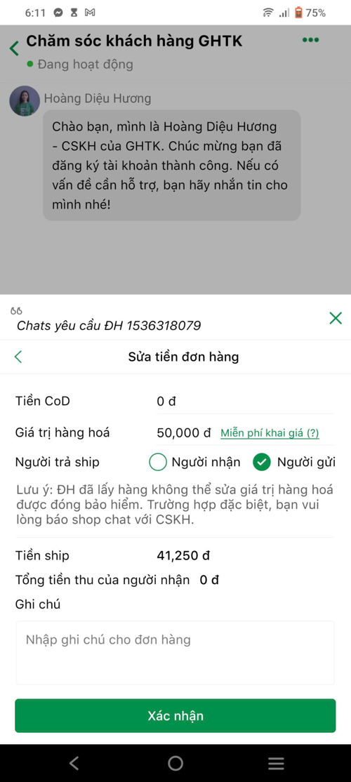 Người gửi chỉ có thể thay đổi thông tin về giá trước khi đơn hàng được lấy