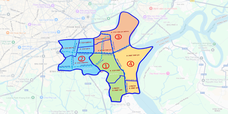 Bản đồ thay đổi của Quận 7 sau sáp nhập. Nguồn: Link