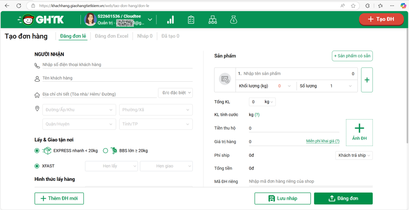 Cách 1: Tạo đơn hàng trên Website GHTK