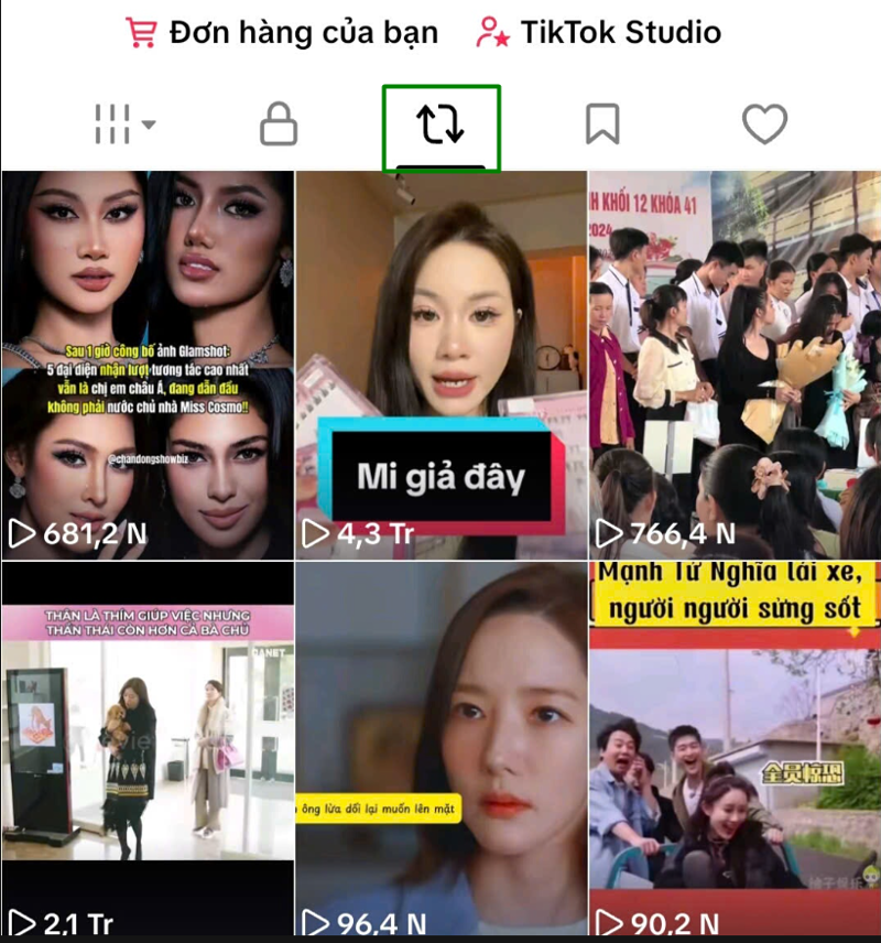 Truy cập Tab Đăng lại trên hồ sơ để quản lý các video đã chia sẻ