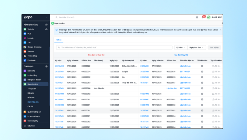 Giao diện quản lý đơn mua trên phần mềm Sapo