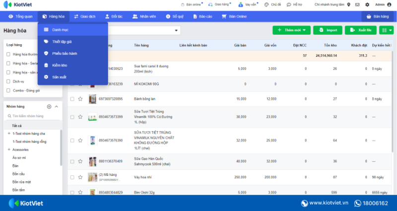 Giao diện tồn kho của KiotViet