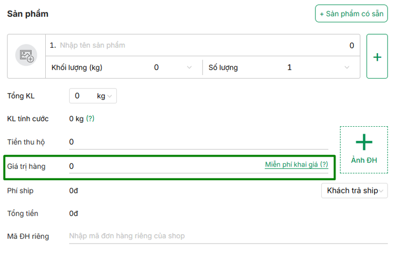 Người gửi có thể khai giá dễ dàng trên app hoặc website