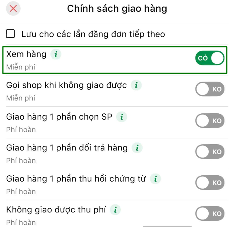 Bước 3: Bấm chọn dịch vụ “Xem hàng” để được đồng kiểm và xem hàng khi nhận.