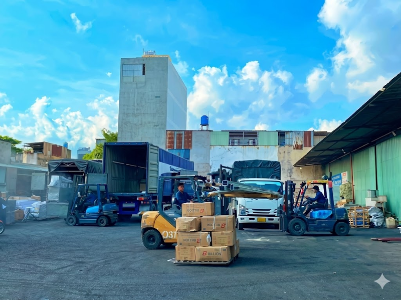 Xe tải và container tập kết tại bến bãi để chuẩn bị vận chuyển hàng.