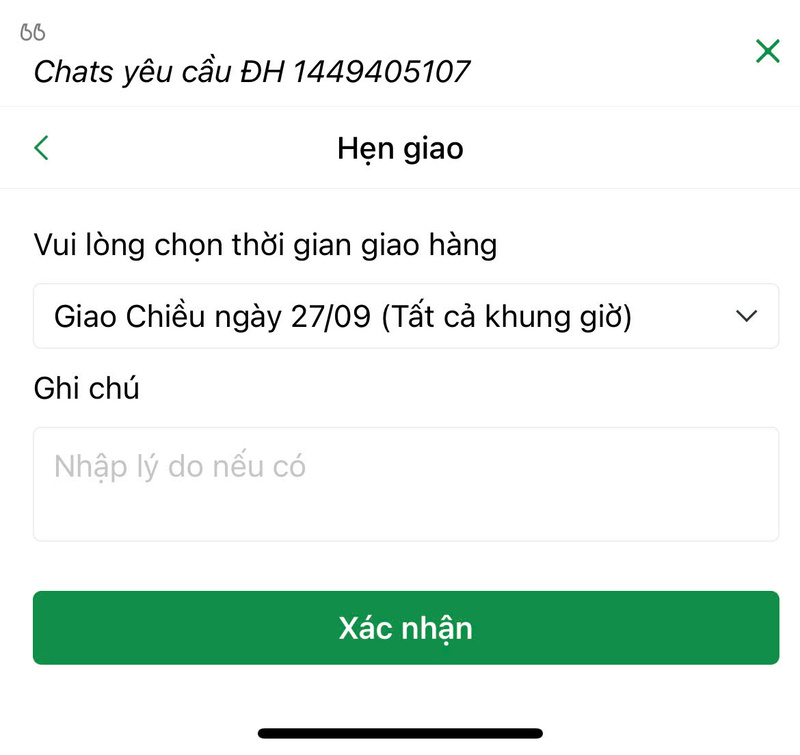 Khách hàng có thể chọn thời gian giao hàng tại mục “Chats Yêu Cầu”