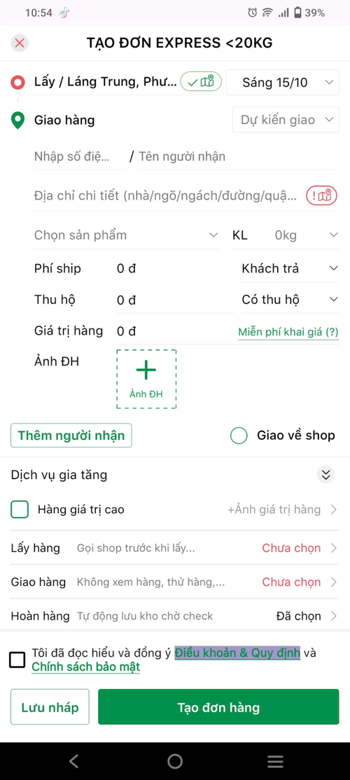 Người gửi cần điền đầy đủ và chính xác thông tin đơn hàng